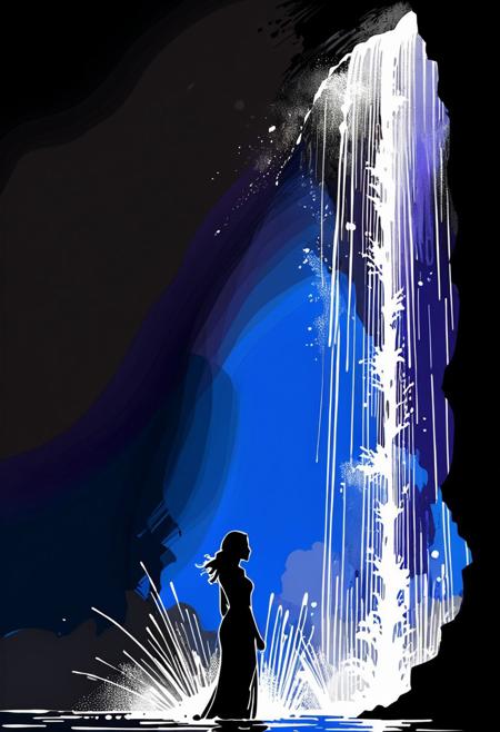 Silhouette style long shot, line art drawing style of Guy Denning, 1girl. 
A beautiful Lebanese Chinese spy bursts from a waterfall high above the lake surface.
blue outlines, white outlines, complex drawings, shapes, glowing outlines, abstract shapes, surreal, mystical, white, purple, black, dark blue, blank background, blood red, masterpiece, (((high contrast, minimalistic, black and white, stark, dramatic))), pencil drawing, sketch, artstation, modern, sleek <lora:add-detail-xl:1> professional, minimalist, graphic, line art, vector graphics. ((Resplendent spotlight highlighting)).