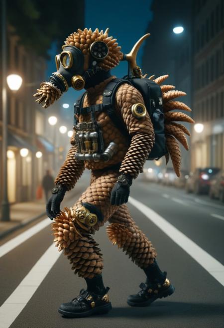 8k, analog photo, ral-pinecone, 8k, Tilt shift photography style, mechanical Sea anemone head zombie, walking, gas mask, squid gold part, shilver armor, shick shark arms, black face visor, mechanical back pack, shilver circuits, propeller on body, minimalist, walking in Cityscape at night,