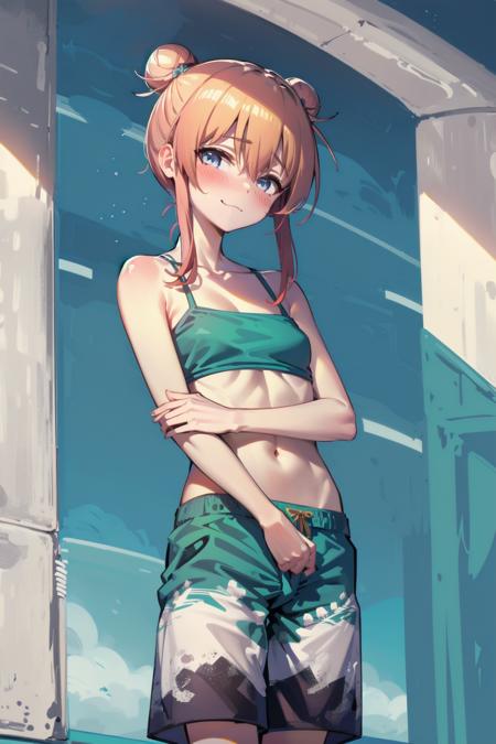 (masterpiece, best quality, high quality, highres, ultra-detailed), <lora:long_swim_trunks-14:1>
cross_swimming_trunks, 1girl, solo, looking at viewer, blush, medium hair, bangs, blue eyes, navel, hair between eyes, closed mouth, collarbone, red hair, cowboy shot, small breasts, hair bun, groin, double bun, crossdressing, male swimwear, swim trunks, bikini top only, happy,