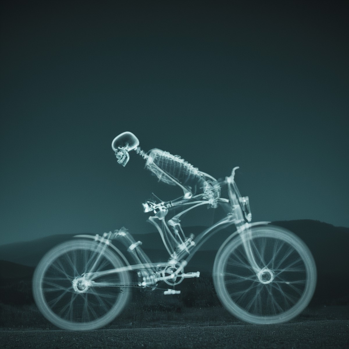 cinematic film still of  <lora:x-ray style:1> X-ray of
a skeleton riding a bike with a skeleton on the back
,x-ray style, ...