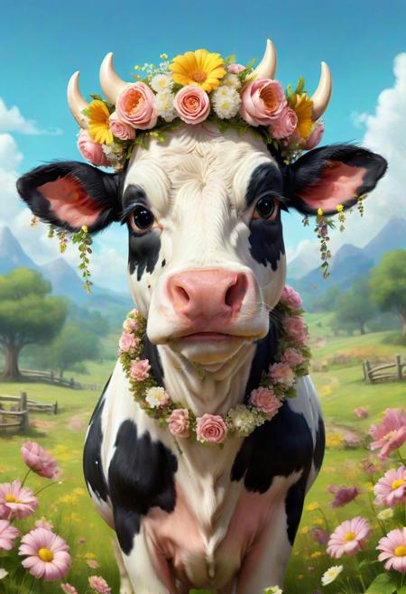 JuggernautNegative, Enter the whimsical world of Mikecow, a charming cartoon cow adorned with a flower crown that adds a touch of enchantment to its cute and lovely demeanor. This adorable digital painting showcases the beauty of bovine charm with detailed and delightful artwork. The cute 3D render and intricate details bring Mikecow to life, making it a fantastic character in the realm of cute animals. The flower crown adds a touch of beauty to this cute cartoon, creating a captivating and beautiful digital artwork that is both endearing and heartwarming. =.<8