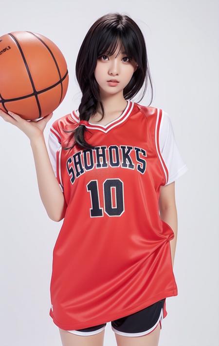 1girl,basketball,red_basketball_uniform, black_eyes, black_hair, clothes_writing_10, grey_background, holding_ball, jersey, lips, long_hair, realistic, solo, <lora:blindbox_v1_mix:0.85> <lora:zipai:0.35>