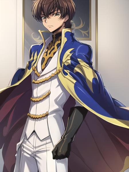 retro artstyle, masterpiece, best quality, extremely detailed, portrait,1boy, solo, suzaku_R2, blue_cape, standing, detailed eyes and face, focus on face, from side, looking_back, gold_palace,