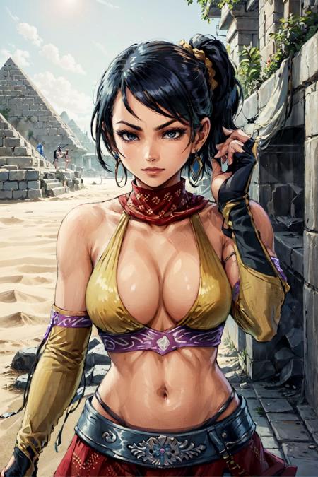 zafinaclassic, 1girl, bikini, ponytail, skirt, elbow gloves, solo, looking at viewer, upper body, potrait, colorful, dynamic, sand, pyramid, oasis, (masterpiece:1.2, best quality)