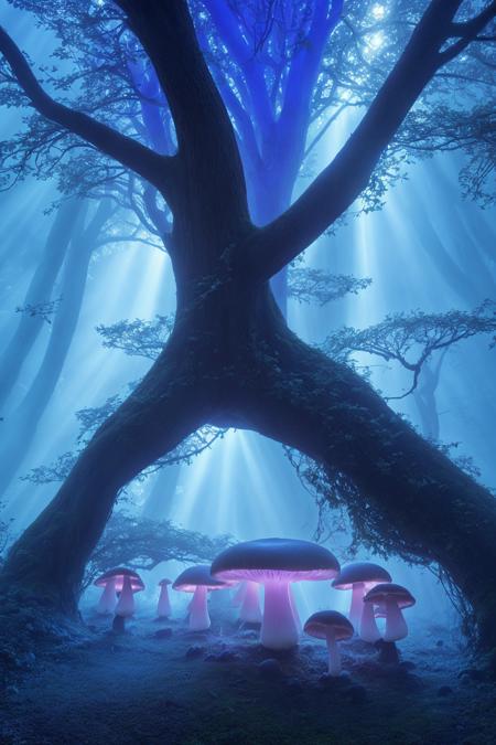 misty enchanted forest, glowing mushrooms scattered on the forest floor, ancient trees with twisting branches, soft blue and purple lighting, gentle fog rays through trees, fantasy magical vibe, high detail forest floor