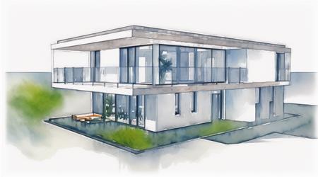 an illustration of a modern house, watercolor inspired, white background, in the style of landscape mastery, minimalist designs, detailed botanic studies, photo-realistic drawings, precisionist lines and shapes,
<lora:Sketch modern house:0.7>