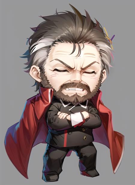 kryuger, 1boy, griffin & kryuger military uniform, male focus, chibi,full body, crossed arms, closed eyes <lora:kryuger-pynoise-000009:1>