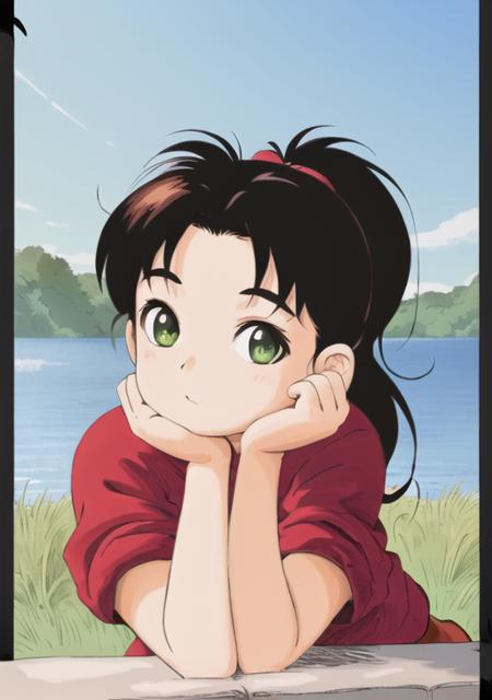 <lora:MatsukiMakki-08:0.7> MatsukiMakki, 1girl, solo, long hair, shirt, green eyes, upper body, ponytail, outdoors, sky, day, blue sky, border, grass, red shirt, sleeves rolled up, head rest, black border