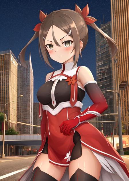 ((Street in the middle of a modern city,detailed background,beautiful background)),<lora:Miyoshi_Karin-10:1>, Miyoshi_Karin, 1girl, solo,brown hair, hair ornament, thighhighs, gloves, dress, hair between eyes, bare shoulders, twintails,brown hair, boots, elbow gloves,parted bangs, grey eyes, thigh boots, red dress, red footwear, red gloves, red thighhighs,red leotard,upper body