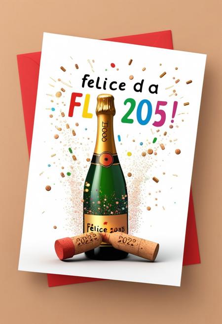 2025 greetings card. 3d, colorful, with a champagne Cork popping out toward the viewer with the exact words "Felice 2025 da Tony"