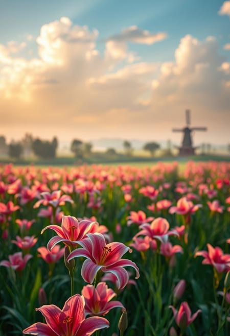 detailed background, from above,( Calm spring morning landscape), beautiful view, Flower Field, lily flower in full bloom, lily flower, early morning, sunrise sky, beautiful clouds, dappled sunlight, 
I can see a windmill in the distance, 
depth of field, masterpiece, best quality, ultra-detailed, very aesthetic, illustration, perfect composition, intricate details, absurdres, moody lighting, wisps of light, no humans,
