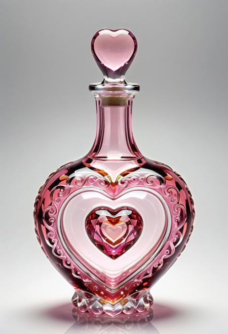 murano_glass_style, close-up, Heart shaped Potion bottle made of glass, Pink liquid inside, intricate style, realistic, photography, bright lighting, high quality