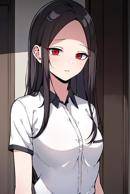 (extremely detailed CG unity 8k wallpaper),(masterpiece),(best quality),(ultra-detailed),(best illustration),(best shadow),(absurdres), <lora:Kyung-12:0.7>, Kyung, 1girl, red eyes, solo, shirt, black hair, long hair, white shirt, looking at viewer, collared shirt, upper body, breasts