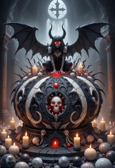 A monstrous gothic chick, sculpted entirely from jagged white marble, emerging from a cracked demonic Easter egg. Black mist pours from the cracks, glowing red veins pulse across its form. Perched on a ritual altar surrounded by candles, bones, and ancient texts. Dark fantasy, ultra-detailed. dark fantasy, gothic, <lora:GothicDetailEnhancerV1:0.55>, <lora:add-detail-xl:0.75>, made of marbles, too many, <lora:Marbles_World_r1:0.65>,