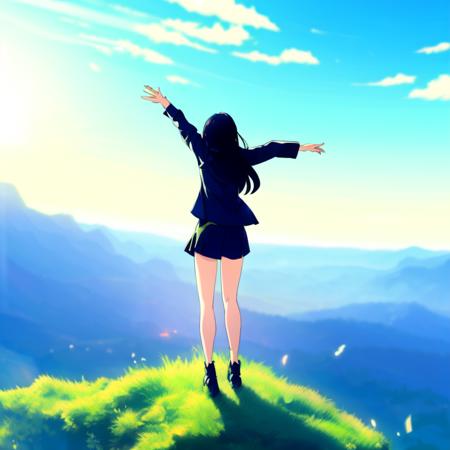 anime, a woman stands on the top of a hill with her legs outstretched, a screenshot by makoto shinkai, pixiv contest winner, action painting, official art, ambient lighting, hd wallpaper, poster art, anime aesthetic, anime aesthetic, beautiful, studio ghibli, detailed face, high quality, 4 k, bright colors, detailed face, high coherence, smooth anime style, digital art, realistic anime, realistic anime, realistic anime, cell shading