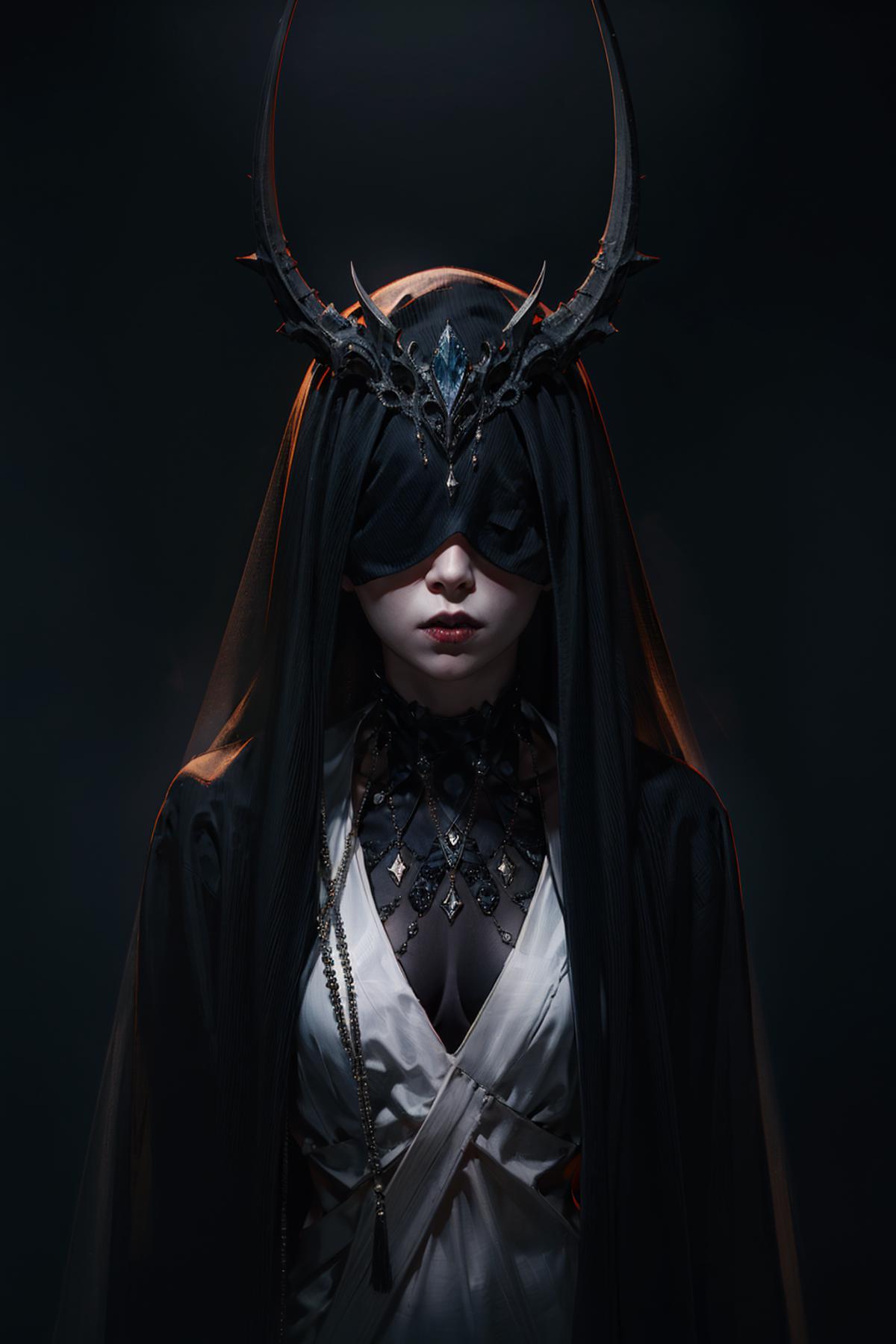 The image features a woman wearing a black veil and a necklace, with a black hat adorned with horns on her head. She is standing in a dark room, possibly in a church, and appears to be wearing a mask. The woman's attire and the surrounding environment create a mysterious and intriguing atmosphere.
