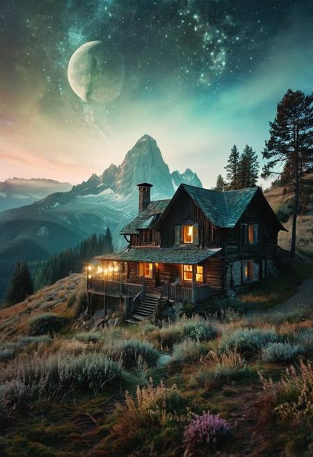 (by Ellen Jewett:1.5), (Bioluminescent Impressionism, The Dreamland), their peaks veiled in mist. mixed media, surrealism, great lighting, A surreal landscape highly detailed . extremely high-resolution details,  appears trapped in an optical illusion of reflections and refractions colorful , mountain cabin, professional photography, natural lighting, volumetric lighting maximalist. intricately detailed, complex, elegant, night, moon, meteor shower, expansive, fantastical, film photography style,  <lora:MJ52:0.3>  <lora:SDXLFaeTastic2400:0.4>  <lora:EpicF4nta5yXL:0.7>.ethereal landscapes, depth of field, biotech emotion:1.3) <lora:xl_more_art-full_v1:0.5> <lora:add-detail-xl:1> <lora:RMSDXL_Creative:2>, GhostlyStyle