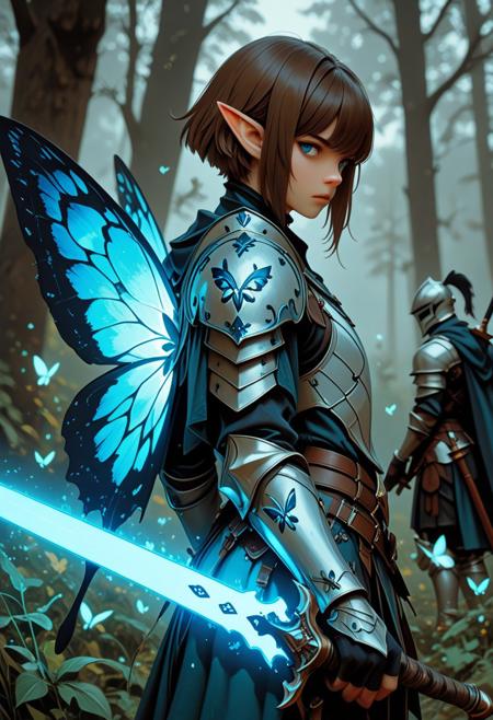 score_9_up, score_8_up, score_7_up, score_6_up. masterpiece, best quality, good quality, very aesthetic, absurdres, semirealism, fantasy, 8K, depth of field, focused subject, cowboy shot, Elf knight, 19yo male, androgynous, pointed ears, short brown hair, male haircut, blue eyes, wearing detailed armor, wielding blue glowing sword, he is standing, sword resting against the ground, large white glowing butterfly wings on the knight's back, trees in background, hkvaloria