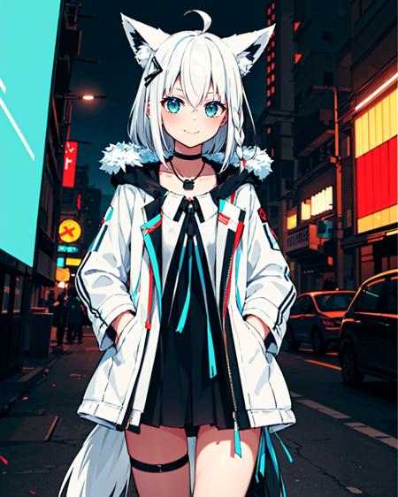 1girl, solo, city, city lights, (cyberpunk), cowboy shot, clenched hands, smile, (holding sword, katana), fubukitechwear, white jacket, fur-trimmed jacket, hairclip, dog tags, choker, ((white microdress)), black microdress, thigh strap, blue ribbon, white hair, single side braid, ahoge, fox tail<lora:fubuki-10:1> <lora:noise offset:1>