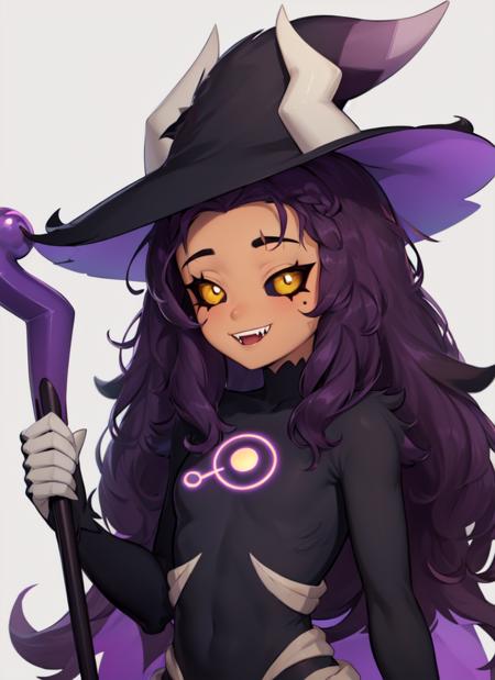 <lora:LuzNocedaTitan-08:0.9>, LuzNocedaTitan, 1girl, yellow eyes, black headwear, smile, hat, black hat, witch hat, purple hair, smile, solo, brown skin, black sclera, dark,  solo, staff, styleThwlhs, horns, fangs, covered skin, upper body