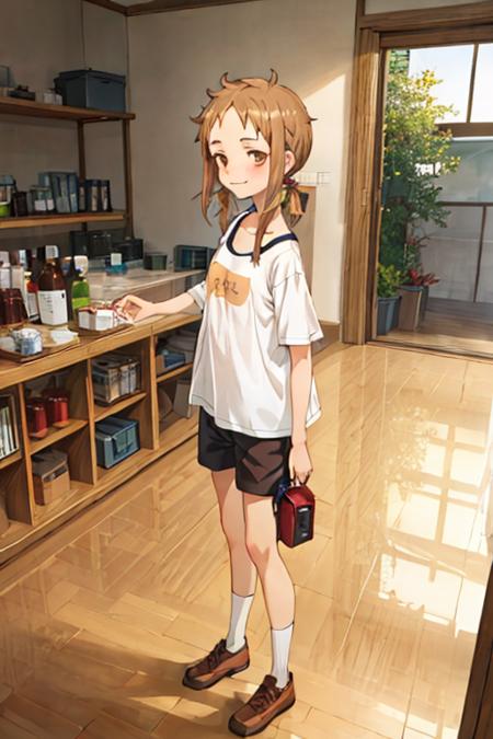 1girl, mina_hibino, forehead, short hair, brown hair, sidelocks, low twintail, brown eyes, (camisole, short pants:1.2), (indoor:1.3), smile, closed mouth <lora:mina_hibino:0.7>  <lora:add_detail:0.5>