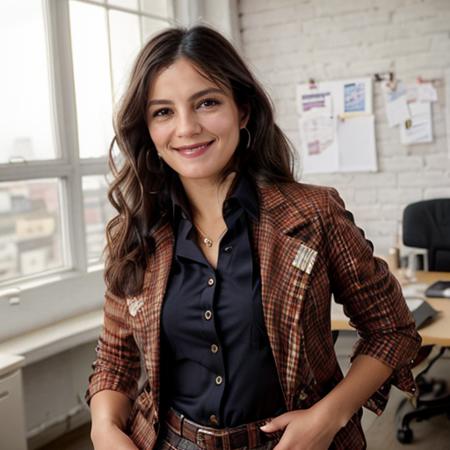 <lora:Monica1873Bar:0.9> a woman, m1873b, solo, wearing blouse, waistcoat,. jacket, trousers, in an office, wavy hair, smile