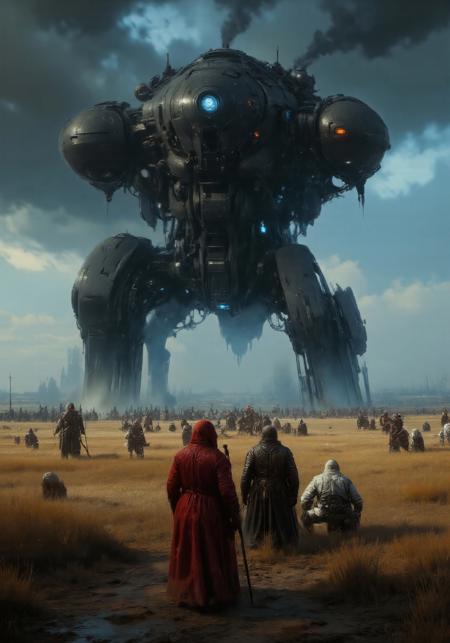 highest details, ultra hyper realism. highly detailed and realistic. intricate and highly professional artwork, an absolute masterpiece.
 Brutalist Steampunk, gothic fantasy, moody lighting, rusted metal tones, ash and ember palette.
masterpiece, UHD, 8K, high res, high detailed, best quality, amazing quality,
(Digital illustration, far camera angle, Jakub Rozalski style, post-apocalyptic atmosphere, dramatic composition)
Amid a battlefield of tall, dry grass and under a storm-darkened sky, a group of hooded warriors in red, white, and blue cloaks gather around the towering figure of BT-7274, a battered Vanguard-class Titan. Smoke rises from BT’s shoulder vents as it looms like a protective sentinel, its dark, armored chassis marked with the ID “BT-7274.”
In the foreground, a determined young woman in a red cloak grips a spear, standing tall with her back to the viewer. Beside her, allies in blue and white cloaks take position—one observing the field, another crouched and reading the ground.
(Far background: ranks of soldiers in silhouette, storm clouds churning above, wind sweeping through the field). BT-7274's glowing blue eye scans the horizon as thunder rolls overhead, adding intensity and reverence to the unfolding moment.
(Muted tones, fog and smoke effects, painterly brushwork, grounded sci-fi x folklore fusion, epic narrative tension)