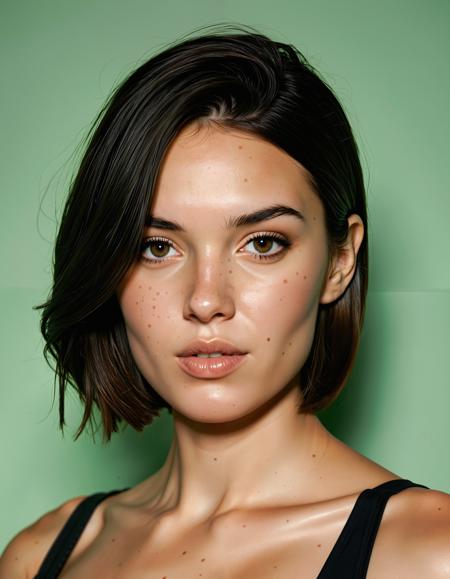 A photo realistic shoot from a portrait camera angle about a close-up portrait of a young woman with a soft expression, wearing a black dress with a deep v-neckline, showcasing her bare shoulders and medium-sized breasts. the woman, who appears to be in her early twenties, is positioned in the middle of the image, with her upper body facing the camera. she has fair skin, dark brown hair styled in a short bob cut, and her brown eyes are looking directly at the viewer. her lips are parted, revealing a hint of freckles on her cheeks. the background is a plain, light green wall, and the lighting is soft and natural, casting gentle shadows on her face and body. the image is high quality, with a watermark in the bottom right corner.