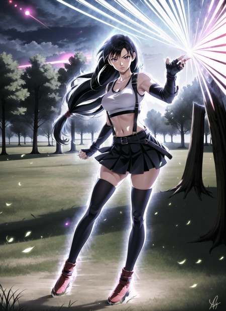 ultrainstinct, <lora:ultrainstinct_v3_offset:1> 1girl, aura, (masterpiece, best quality), (outdoors), full body, tifa lockhart, detailed background, night, trees, grass, nature,   <lora:tifa_lockhart_offset:0.8> final fantasy vii remake, 1girl, ankle boots, black hair, black skirt, black thighhighs, boots, crop top, elbow gloves, elbow pads, fingerless gloves, full body, gloves, lips, long hair, looking at viewer, low-tied long hair, medium breasts, nose, red eyes, red footwear, signature, single elbow pad, skirt, solo, sports bra, suspender skirt, suspenders, tank top, thighhighs, white tank top,