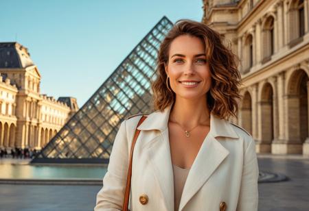 A meticulously detailed, hyper-realistic portrait of a Olivia, in her 35 years old ,with sun-kissed skin, bright green eyes, and a radiant smile. Her wavy, short light brown hair , framing her naturally beautiful face. natural textured skin, subtle wrinkles,Her bright green eyes focus intently as she holds a vintage camera, capturing the beauty of the Louvre Pyramid in Paris. She wears a stylish yet comfortable outfit—high-waisted beige trousers and a fitted white linen blouse, with a light trench coat draped casually over one arm. A crossbody leather bag rests at her side, and a delicate watch glints in the sunlight. The golden evening light reflects off the glass panels of the pyramid, creating a stunning contrast with the historic Louvre façade behind her.