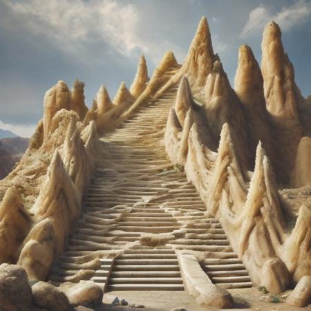 M.A.S.H. Miles into a canyon of shimmering sandstone, the explorer stands at the foot of a monumental staircase. But these steps are not made by hands â each is a fossilized wave, a curve of time hardened into geometry. The stairs spiral skyward for kilometers, vanishing into golden clouds. With every step she climbs, the wind shifts direction, whispering in unknown dialects. Legends say the summit grants the memory of all things lost. The light changes here too, refracting like through stained glass, giving everything a dreamlike hue. As she begins to ascend, sheâs already forgetting where she came from. 
<lora:Anime Art V3_flux:0.6>  <lora:Clean_Minimalist_Flux:0.3>  <lora:Illustration concept Variant 3A_FLUX:0.4>