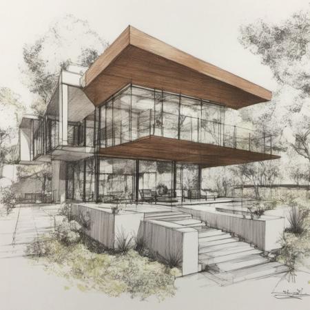 1 modern house, architect sketch, balcony, glasses, trees <lora:architect_XL:1>