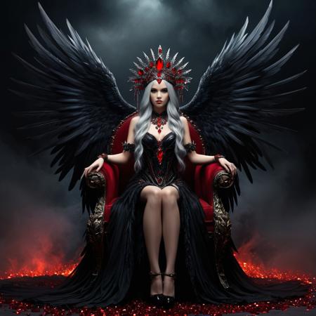 A dark fantasy digital artwork depicts a female figure seated on a 
dark throne with intricate metallic designs resembling dragon scales. The central character has long 
gray hair cascading dramatically around her. She wears an elaborate dress adorned with shiny red crystals and intricate metallic designs, 
dark feathered wings spread symmetrically behind her, 
decorated with bright red crystals and metallic elements. Each wing is composed of countless black feathers. 
The woman's head is crowned with a radiant halo of intense red crystals, 
forming a striking headdress that extends upwards. Her body is adorned with matching jewelry, 
including a prominent red crystal anklet on her left foot. The throne itself features two large skulls positioned on its armrests,
each held by one of the character's hands. The background is swirling clouds and embers, 
enhancing the eerie atmosphere. Around the throne are many scattered human skulls, drowned in darkness, 
rocky terrain, 
adding to the sinister ambiance. The scene takes place in a foggy context, 
smoky backdrop, 
contributing to the mystical yet eerie feeling. Dramatic lighting highlights the central figure while casting deep shadows. highly saturated visual effect that emphasizes the surreal and gothic aesthetic.