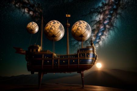 (absurdres, highres, ultra detailed), realistic style, 8k, exposure blend, medium shot, bokeh, high contrast,  low saturation,  3d render, cgi, symetrical, octane render, 35mm,  
 detailed background, milky way, nebula, moon, sun,  silver star constellations in background, backlighting,  ethereal atmosphere, extremely detailed CG unity 8k wallpaper, intricate details, (style-swirlmagic:1.0),   detailed background, close up,  detailed face, (gothic dark ages theme:1.1),  floating in the air, glowing magical shards, surrounded by blue magical crystals,  rock formations, stalactites,  magical floating particles, crystal glass,  crystal sphere, crystal canyon background, (shallow water:0.7),  epic ethereal atmosphere,   updraft, flying ship