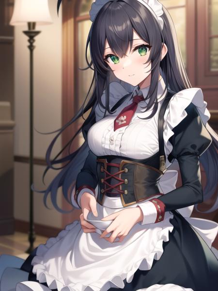 (hyper extreme detailed),(masterpeace),(hyper extreme),(photorealistic),CG,(colour:1.4), beautiful lighting,light from the front, solo,rating:safe, <lora:curacoa:0.6>,curacoa,lihgt black hair,long hair,green eye,maid,corset,boots,