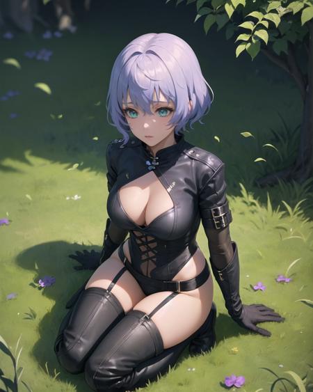 best quality, (masterpiece:1.2), illustration, absurdres,
(1girl, solo), (beautiful detailed girl), full body shot,,
<lora:SharonEnforcer-08:0.85>, Sharon Kreuger, lavender hair, short hair, aqua eyes, medium breasts, 
leather, leotard, cleavage, black thigh boots, black gloves, 
focused, calm, emotionless, apathetic,
grassy mountains, trees, chinese architecture, river, plants,
all fours
from above