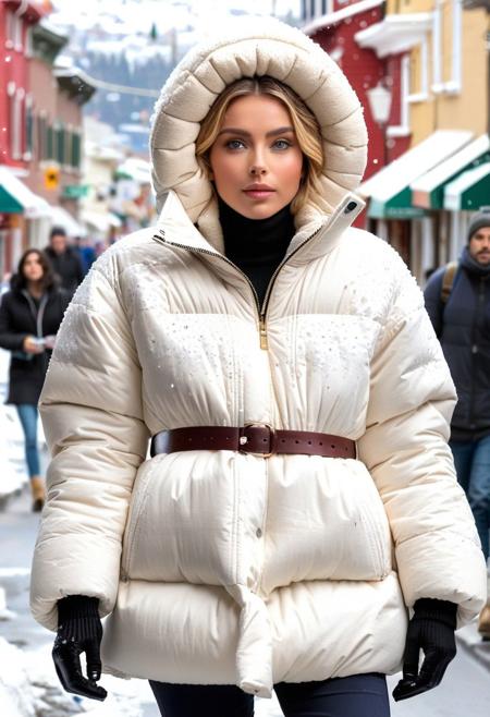 (white Oversized sherpa down coat, white Oversized sherpa puffer coat, white Oversized sherpa winter clothes, very very cold, in cold:1.5), semi-realistic, (full_length_portrait:1.5), (puffer hood:1.5), (winter boots:1.5), (tight pants:1.5), (belt:1.5), sharp eyelid, eyeliner, eyelashes, beautiful detailed eyes, tsurime, short hair, blonde hair, wet hair, (wet:1.5), blue eyes, messy hair, sidelocks, perfect anatomy, (walking:1.5), (town:1.5), (street, daytime, snow, winter, cold winter, snowing:1.5), detailed background, highres, best quality, olive skin, android 18, mother, milf, solo, perfect eyes, perfect face, masterpiece, best quality, finely detailed beautiful eyes and detailed face, ultra-detailed, anextremely delicate and beautiful, intricate details, lovely lips, delicate facial features, blush, 8k_resolution, smile, hair tucking,