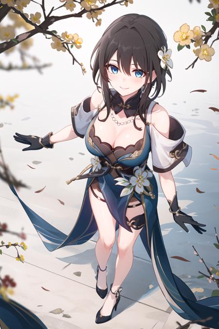 (from_above:1.5), 1girl, RuanMei, solo, leaning forward, blue_eyes, smile, breasts, hair_ornament, hair_flower, hair_stick, hair_between_eyes, gloves, grey_gloves, long_hair, black_hair, bare_shoulders, jewelry, standing, looking_at_viewer, smile, blush, hug, bangs, cleavage, large_breasts, dress, chinese_clothes, china_dress, floral_print, thigh_strap, high_heels, branch <lora:chara_RuanMei:1>