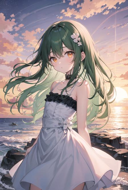 (pixiv masterpiece),masterpiece, best quality, 1girl,cute,kawaii, flat chest, green hair, orange eyes,  clover hair ornament, long hair, disheveled hair, messy hair, backlighting, lucency full dress, ((dusk)),sunset glow,standing on the ((headland)),extremely beautiful (red sun),some seabirds flying in the beautiful sky,[a few thin clouds in the sky],(cinematic lighting)[Tyndall Effect],cowboy shot