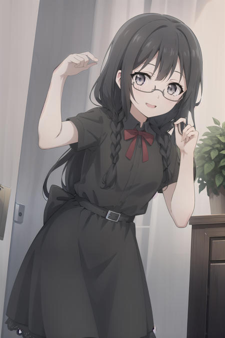 <lora:Nakagawa_nana-000015:0.5> grey eyes,Braid hair,black hair,glasses,(),(animated)detailed eyes,happy ,dress