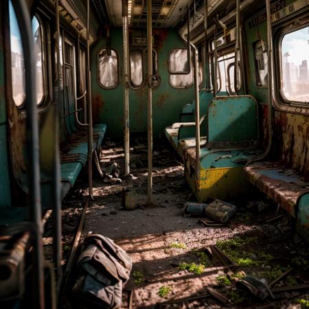 3d render of subway train, abandoned, dramatic color grade, moss, abandoned, broken, old, accurate color grading, rvb, Sony A7 III, Sigma Art 85 mm f/1,4 DG HSM, perfect, subsurface scattering, unreal engine, dusty sun light, dystopian world