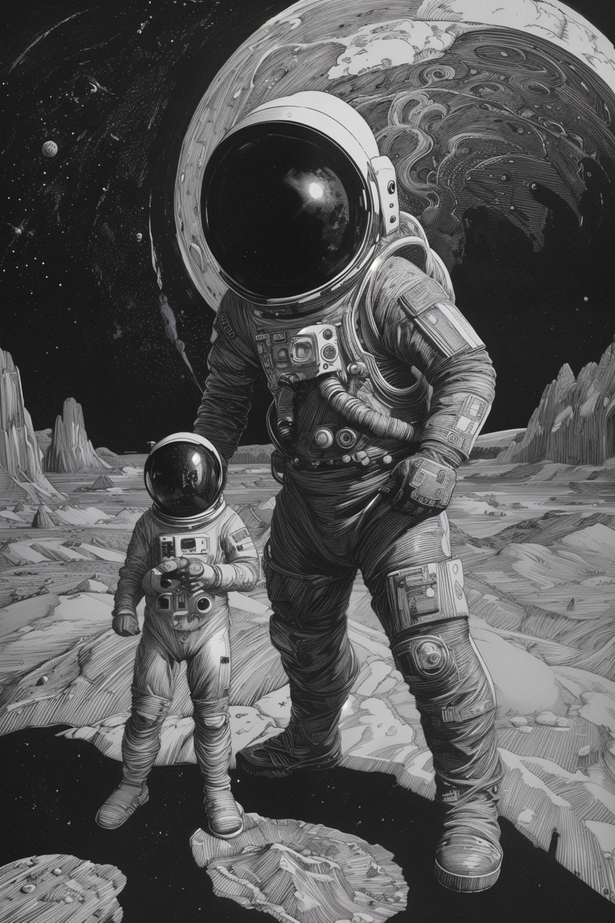 Astronaut and Spacesuit Drawing in Black and White, with a Space Shuttle in the Background