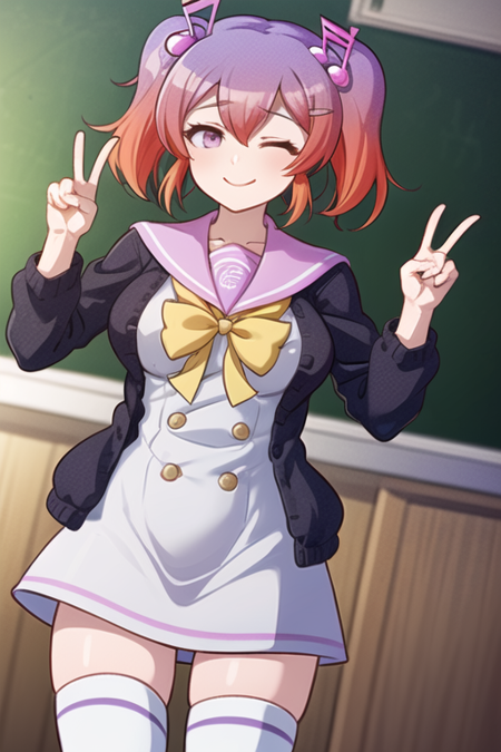 (masterpiece), (high quality:1.4, best quality:1.4, expressive eyes:1.2), classroom, cowboy shot, dutch angle, peace sign, closed mouth, smile, 1girl, otonokoji kanade, closed eyes, musical note hair ornament, twintails, multicolored hair, gradient hair, purple hair, pink hair, pink sailor collar, yellow ribbon, cardigan, open cardigan, white dress, thighhighs, white socks,,1girl, otonokoji kanade, pink eyes, musical note hair ornament, twintails, multicolored hair, gradient hair, purple hair, pink hair, pink sailor collar, yellow ribbon, cardigan, open cardigan, white dress, thighhighs, white socks,