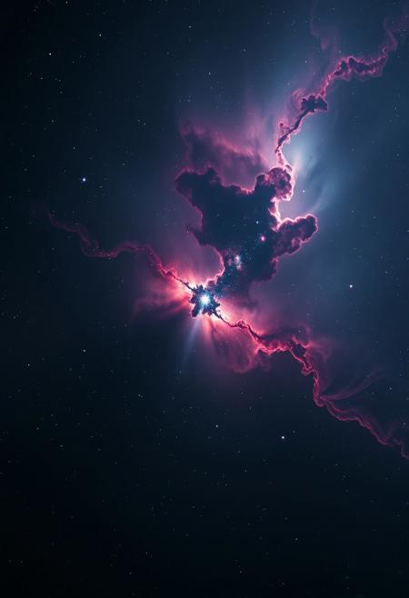 Captivating desktop wallpaper: a majestic star nebula sprawls across the frame, bathed in an otherworldly glow. The dark palette features muted hues of indigo, slate grey, and deep crimson, subtly gradated to evoke an atmospheric haze. Cinematic lighting casts dramatic shadows, with film grain adding texture to the already impressive fine detail. A masterpiece of composition and quality, this stunning image is a testament to the artist's skill.