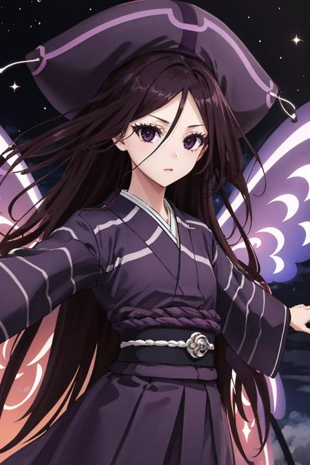 masterpiece, best quality, <lora:kuroageha-nvwls-v1-000009:0.9> altkuroageha, purple eyes, butterfly wings, purple hat, purple hair, purple dress, purple aura, glowing eyes, night sky, upper body, looking at viewer, furrowed brow, upper body, aurora, outstretched arms