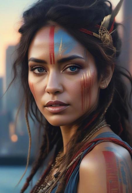 Steampunk tahitian Woman 40 years old with fine hightech skin details, detailed face, sf, intricate artwork masterpiece, blue and red pastel ratio, background is apocalyptic city on golden hour, ominous, matte painting movie poster, by Carne Griffiths