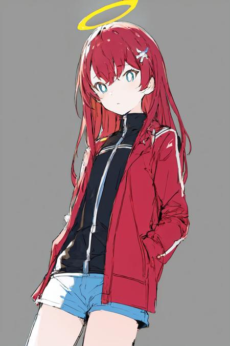 <lora:style_taiki-20:1>, sketch, flat color, cowboy shot, solo, 1girl, closed mouth, long red hair, hair ornament, halo, grey eyes, bright pupils, open clothes, open jacket, shirt, shorts, simple background