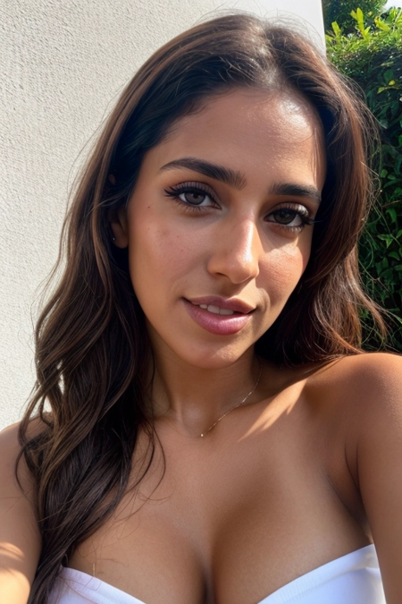 instagram photo, closeup face photo of 23 y.o Fernanda, cleavage, stiff nipple, sun tanned skin, (smile:0.4), hard shadows, glossy lips, lascivious, lewd, hot, licking good