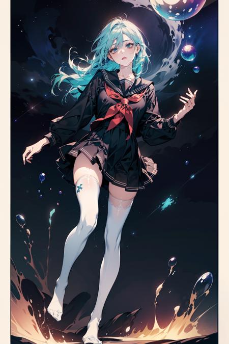 (absurdres, highres, ultra detailed), (official art, extremely detailed CG unity 8k wallpaper), ((absurdres)), 1girl, mid shot, (exquisite facial features),(serafuku:1.3) ((sfw)),((clear hands)), ((white thighhighs without shoes)),aqua eyes, color contact lenses, stars in the eyes, (((colorful bubble))), colourful glass, (album cover)