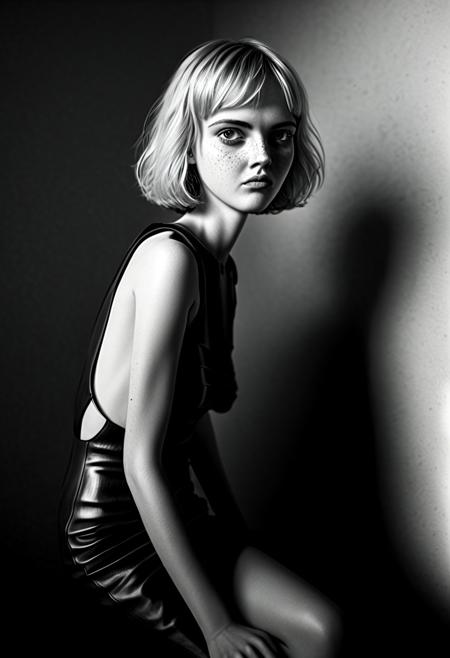 A captivating black and white portrait of a model, medium boobs, perfect eyes, light makeup, freckles, short messy blonde bob, freckles, serious expression, seductive, dressed in a sleeveless, backless gown and stylish boots. She poses with one leg bent, casting deep shadows, while her intense gaze meets the camera, illuminated by perfect volumetric light, showcasing intricate details and an ultra-realistic aesthetic.